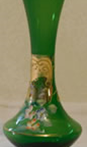 Green glass vase with hand painted flowers